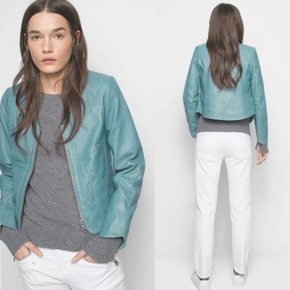Zadig & Voltaire Vencia Patch Cloud Blue Lamb Leather Western Cropped Jacket XS - Picture 3 of 15